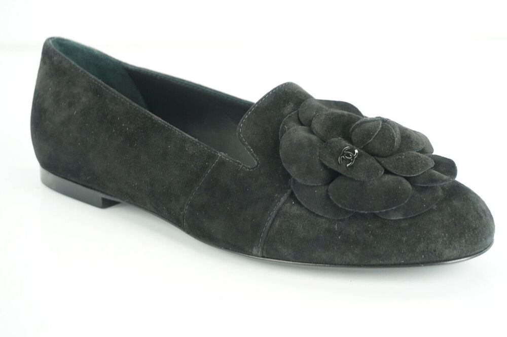 Chanel Black Suede Camellia Flower Ballet Flats Size 35 $775 NIB 17B